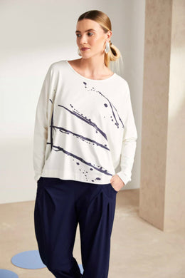 BRUSH STROKE PLACEMENT PRINT TOP - OFF WHITE AND NAVY