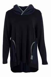 Naya HOODED TOP WITH CONTRAST RIBBED TRIM DETAIL - BLACK AND FOREST