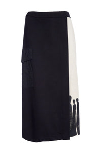 MOCK WRAP SKIRT WITH PLACEMENT PRINT - BLACK AND SAND