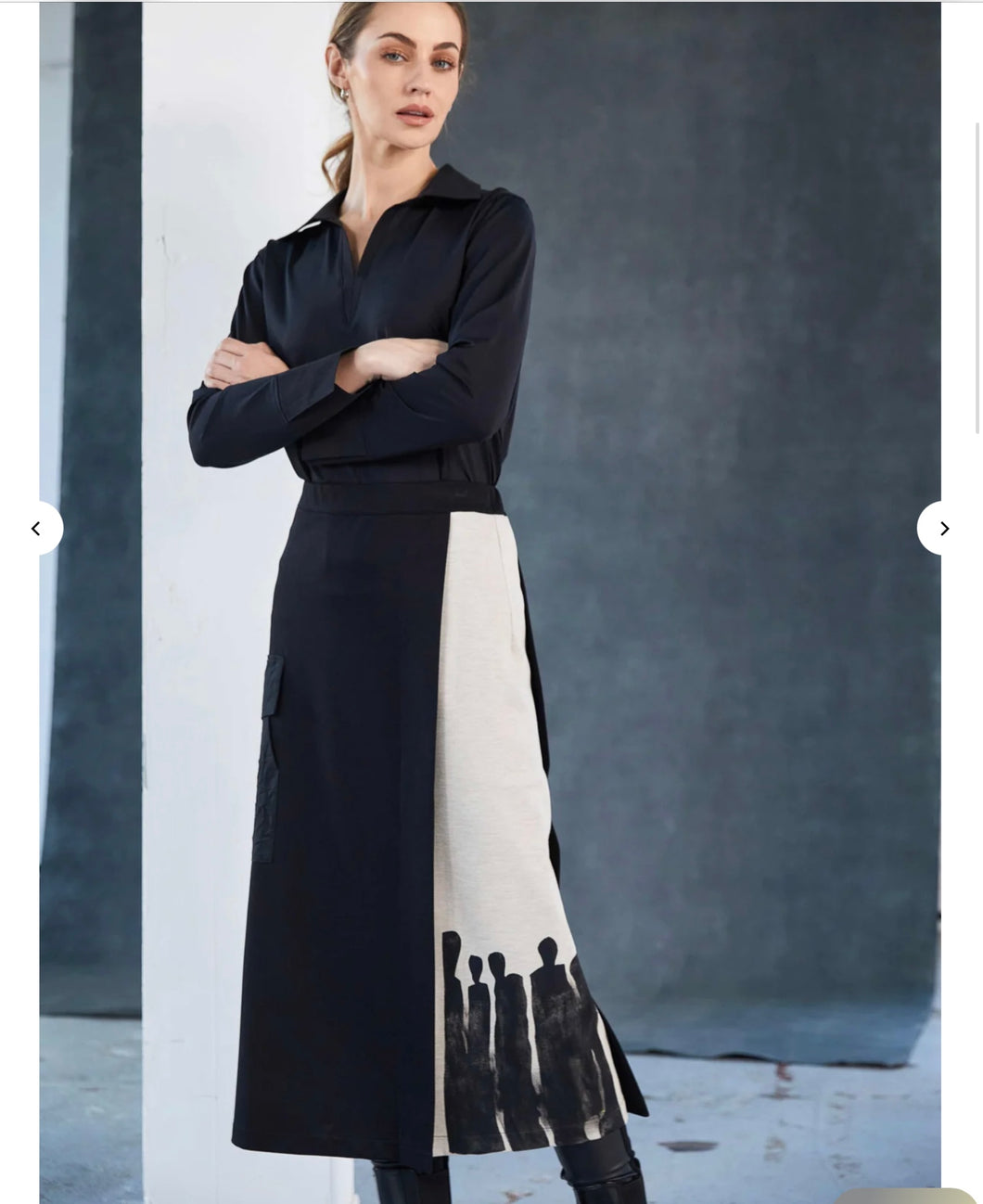 MOCK WRAP SKIRT WITH PLACEMENT PRINT - BLACK AND SAND