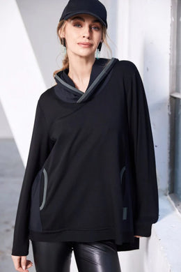 Naya HOODED TOP WITH CONTRAST RIBBED TRIM DETAIL - BLACK AND FOREST
