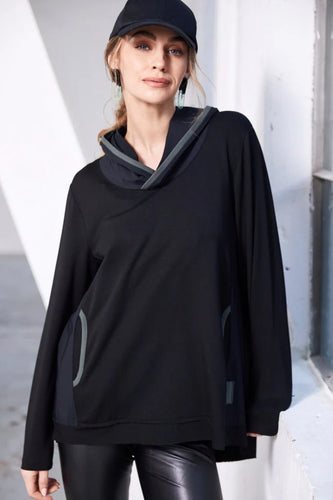 Naya HOODED TOP WITH CONTRAST RIBBED TRIM DETAIL - BLACK AND FOREST
