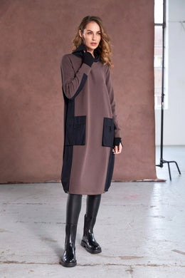 DRESS WITH HOOD - COCOA AND BLACK